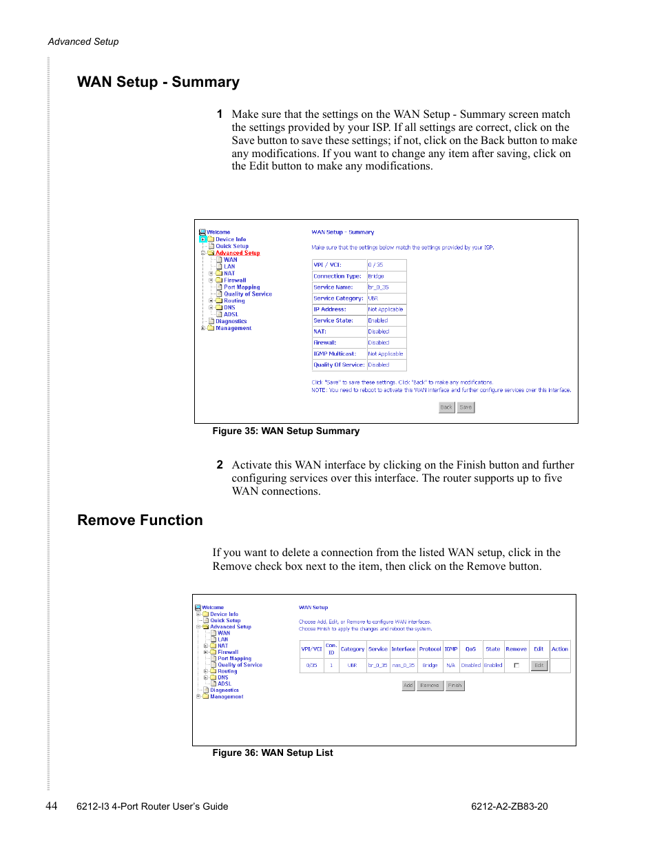 Wan setup - summary, Remove function | Zhone Technologies 6212 User Manual | Page 44 / 84