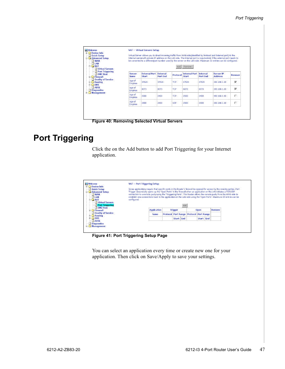 Port triggering | Zhone Technologies 6212 User Manual | Page 47 / 84