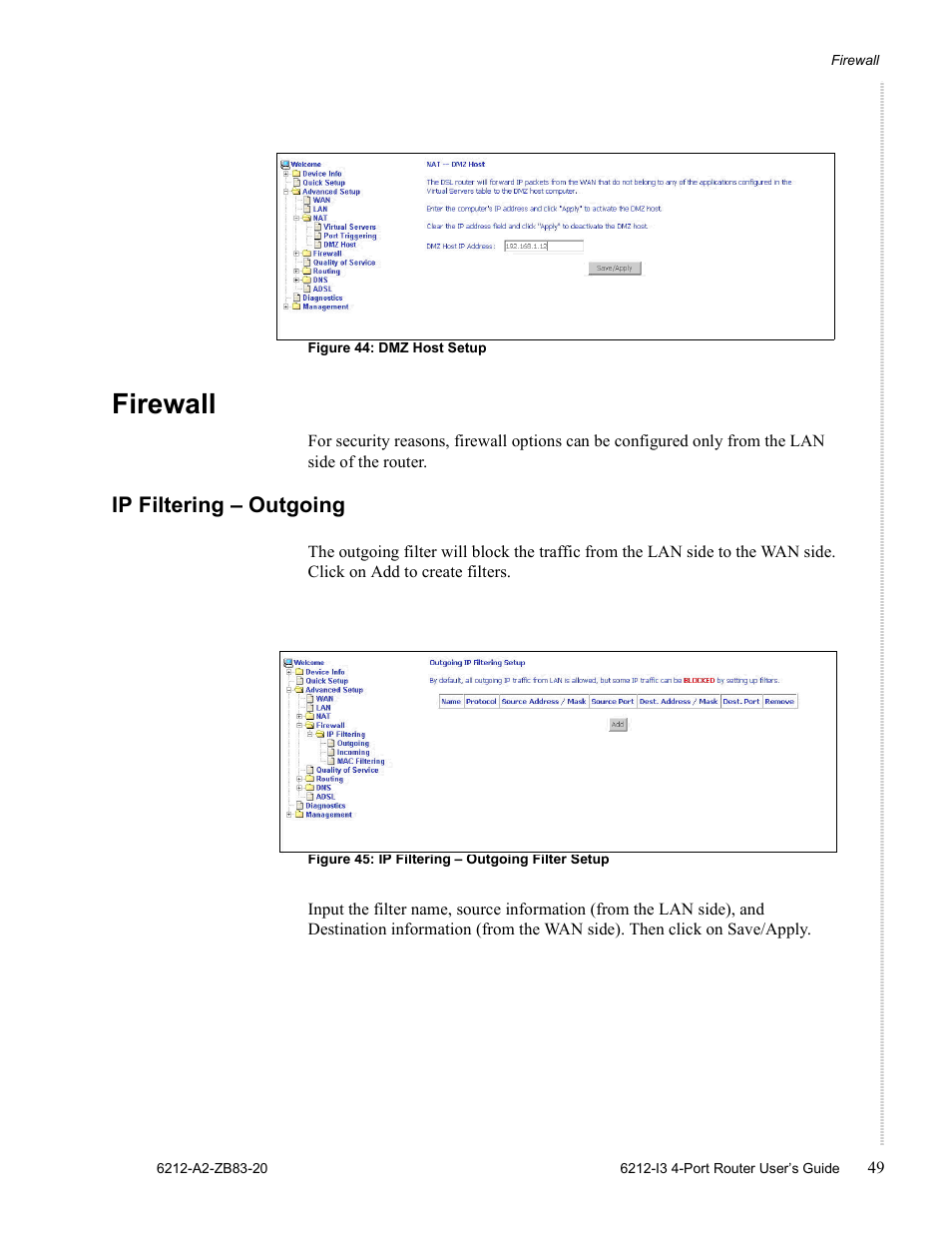 Firewall, Ip filtering – outgoing | Zhone Technologies 6212 User Manual | Page 49 / 84