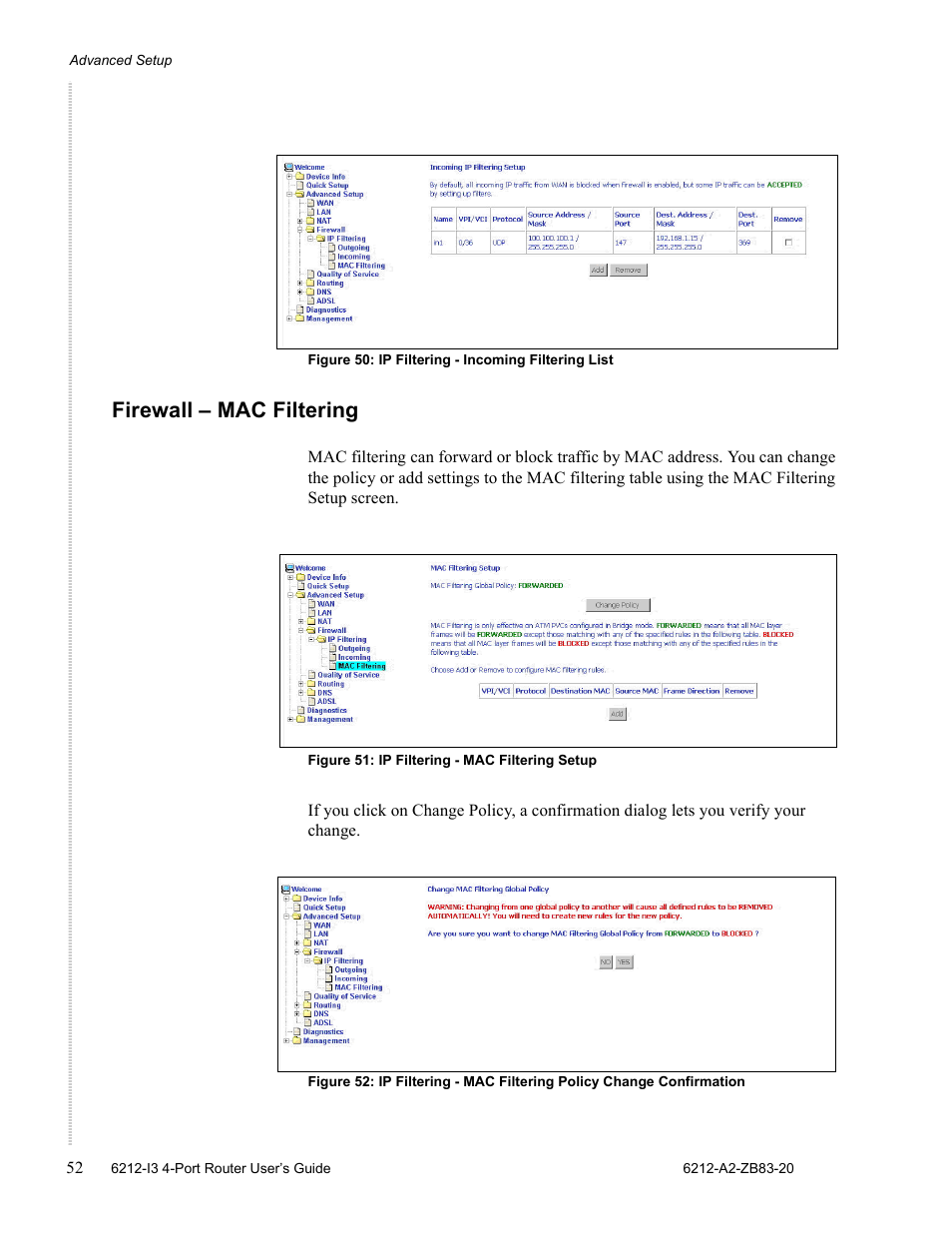 Firewall – mac filtering | Zhone Technologies 6212 User Manual | Page 52 / 84