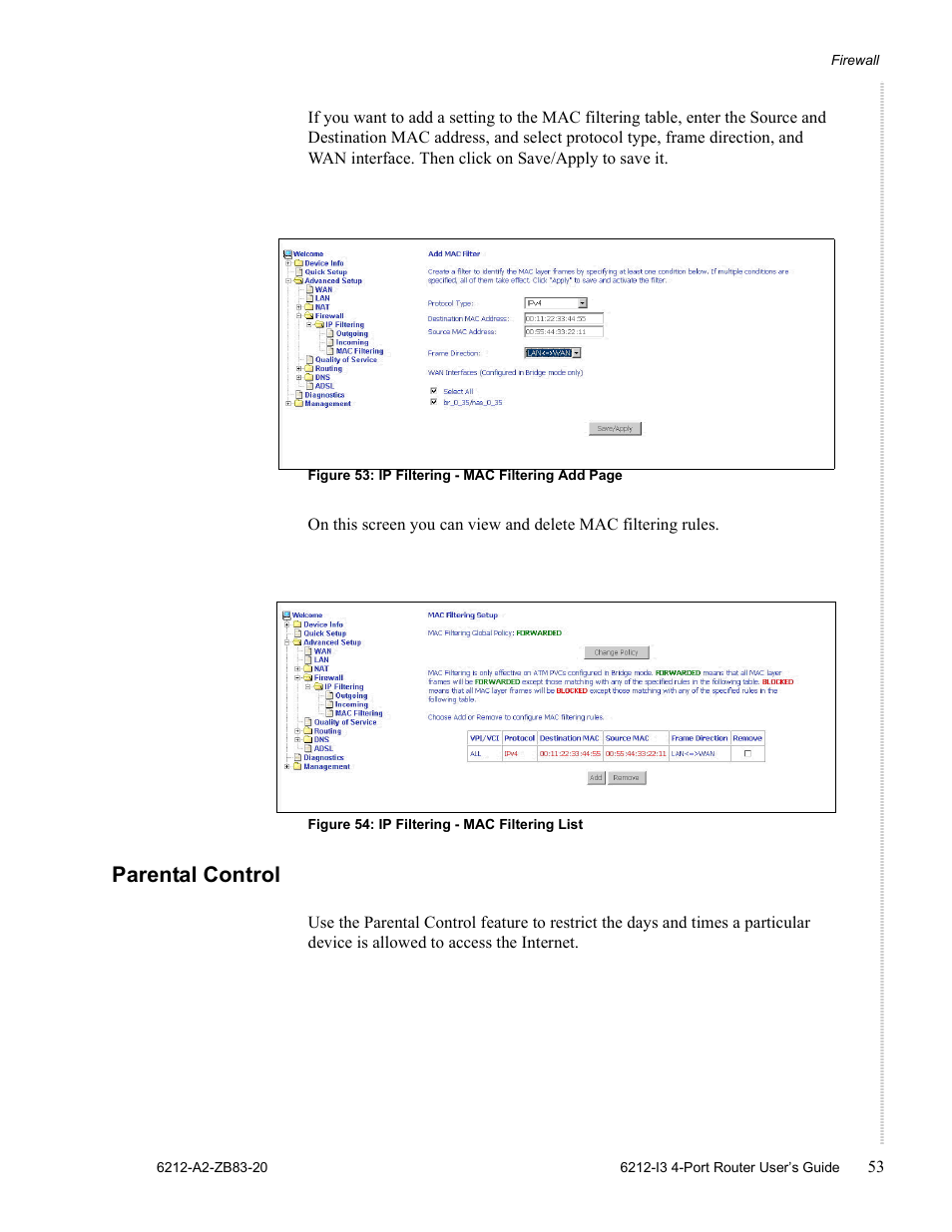 Parental control | Zhone Technologies 6212 User Manual | Page 53 / 84