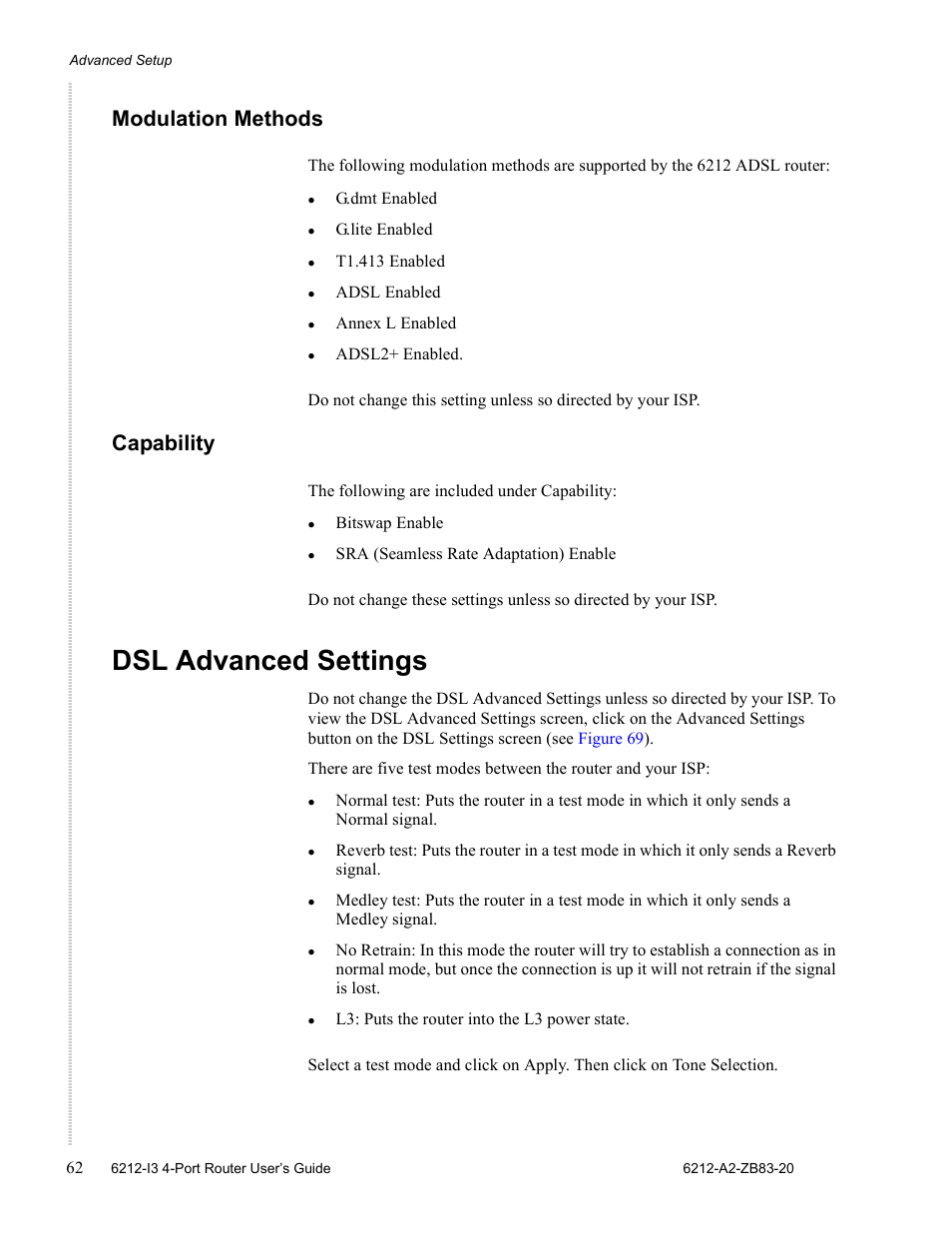 Dsl advanced settings, Modulation methods, Capability | Zhone Technologies 6212 User Manual | Page 62 / 84