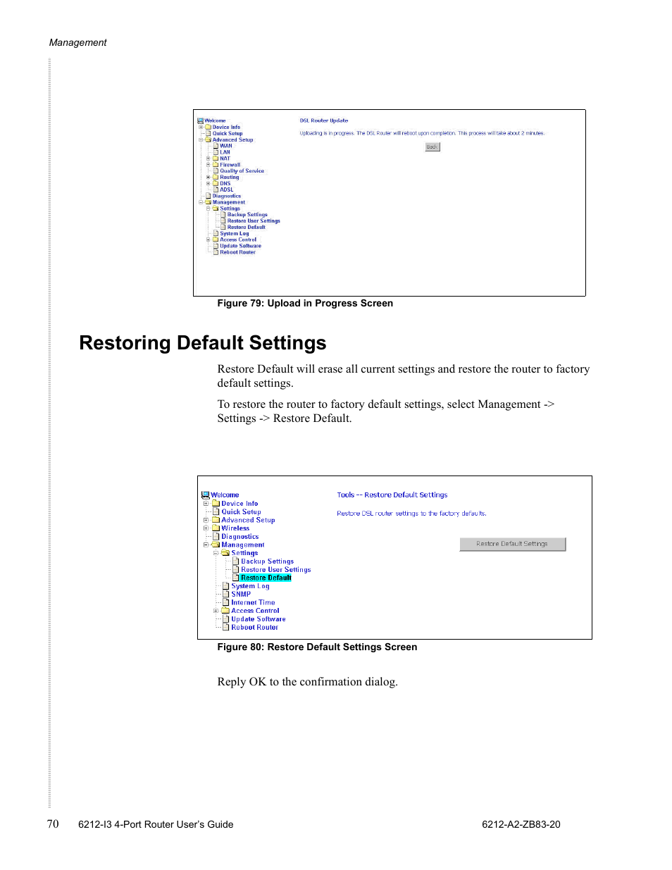 Restoring default settings | Zhone Technologies 6212 User Manual | Page 70 / 84