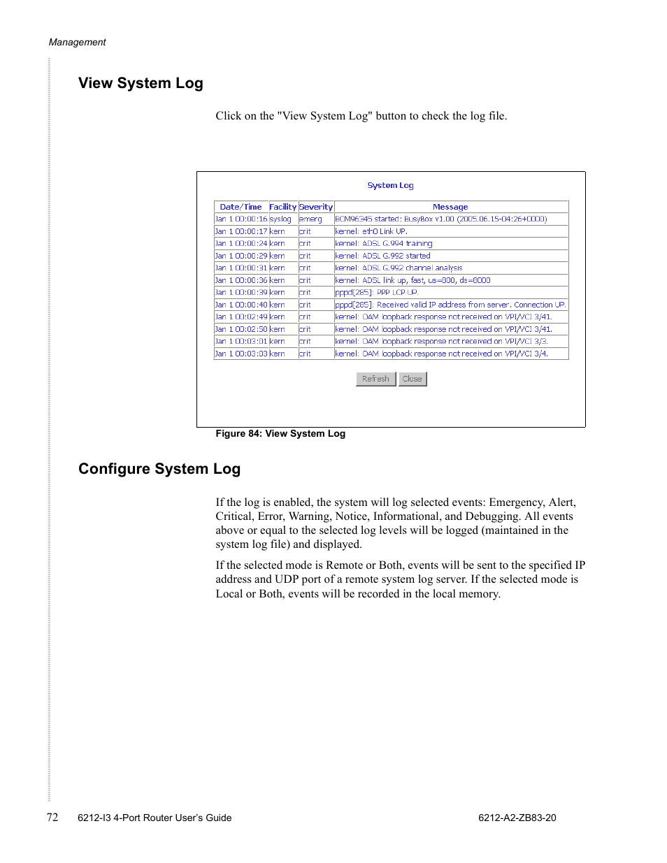 View system log, Configure system log | Zhone Technologies 6212 User Manual | Page 72 / 84