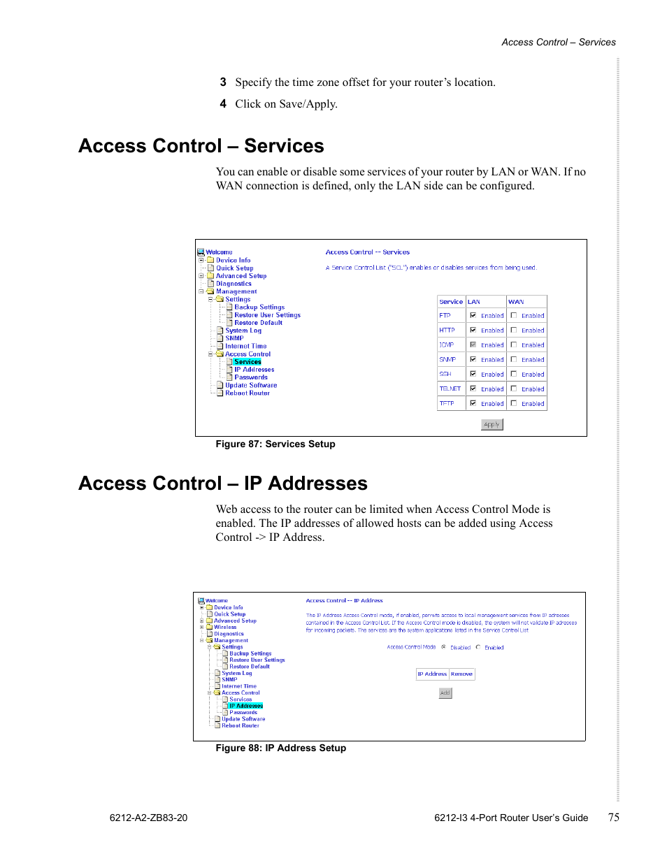Access control – services, Access control – ip addresses | Zhone Technologies 6212 User Manual | Page 75 / 84