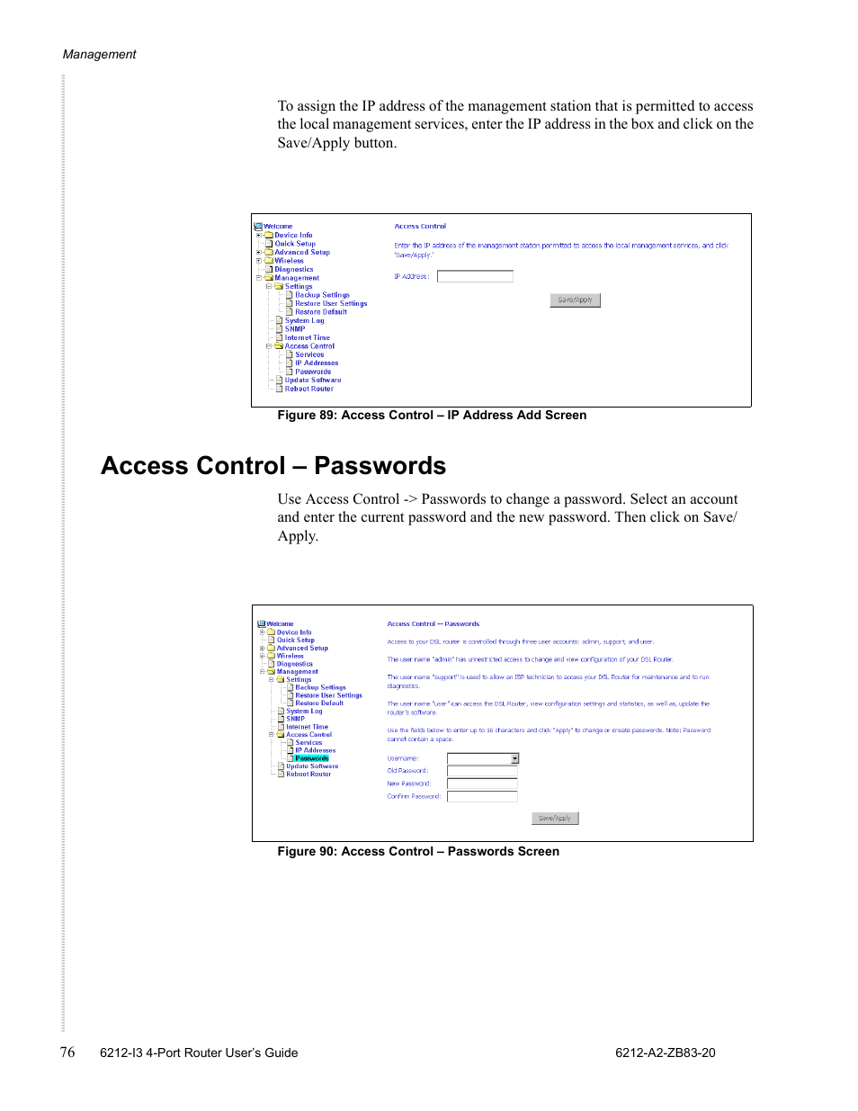 Access control – passwords | Zhone Technologies 6212 User Manual | Page 76 / 84