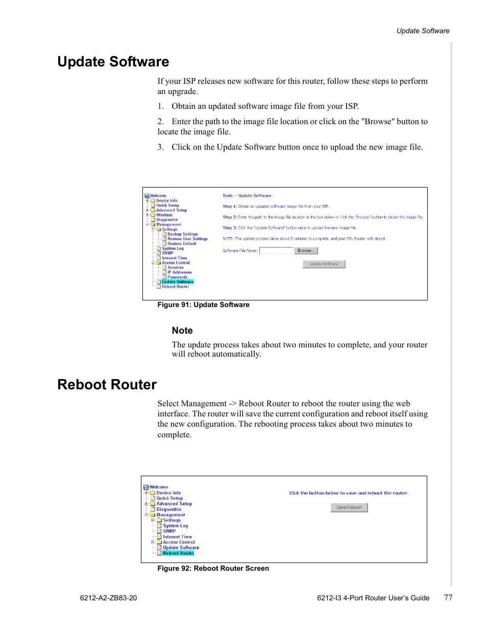 Update software, Reboot router | Zhone Technologies 6212 User Manual | Page 77 / 84
