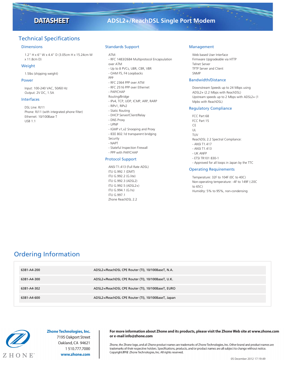 Ordering information, Adsl2+/reachdsl single port modem, Technical specifications | Dimensions, Weight, Power, Interfaces, Standards support, Protocol support, Management | Zhone Technologies 6381-A3-xxx User Manual | Page 2 / 2