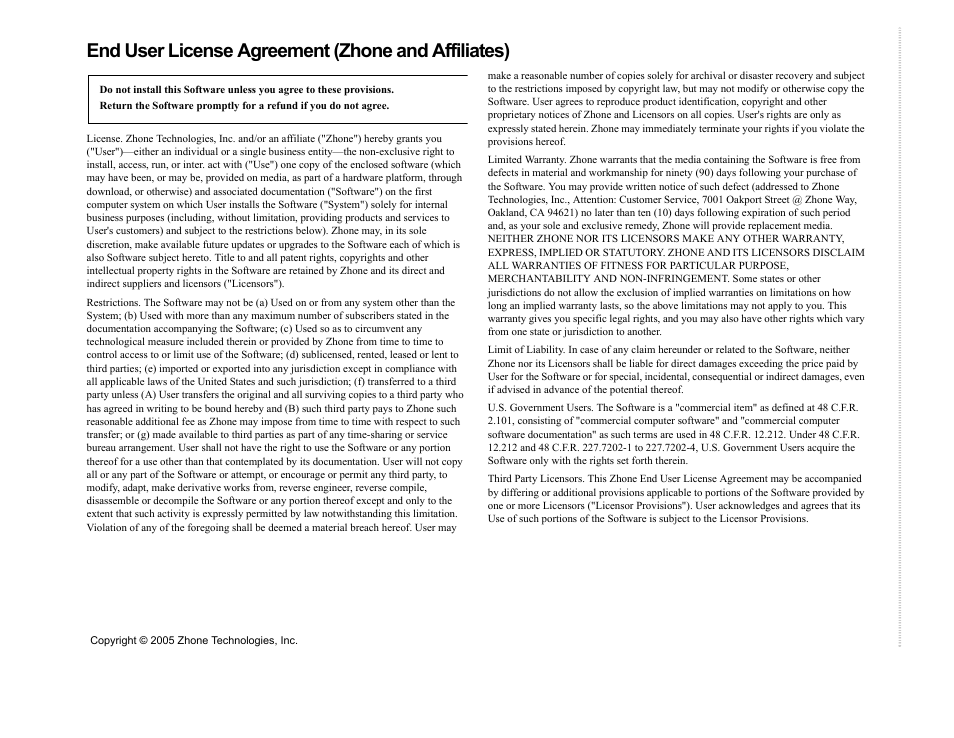 End user license agreement (zhone and affiliates) | Zhone Technologies 6381-A3 User Manual | Page 2 / 2