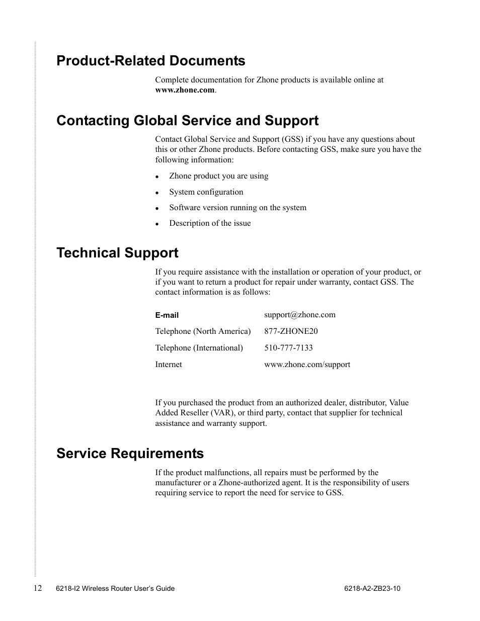 Product-related documents, Contacting global service and support, Technical support | Service requirements | Zhone Technologies 6218-I2 User Manual | Page 12 / 94