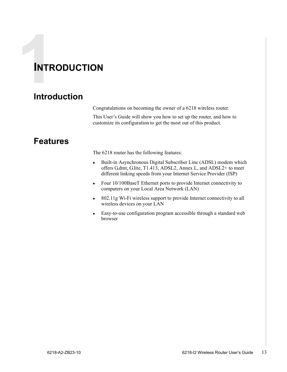 Introduction, Features, Chapter 1 | Chapter 1, introduction, Ntroduction | Zhone Technologies 6218-I2 User Manual | Page 13 / 94