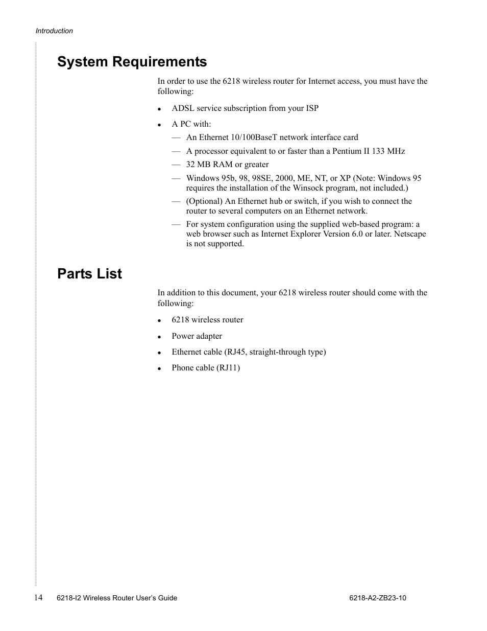 System requirements, Parts list | Zhone Technologies 6218-I2 User Manual | Page 14 / 94