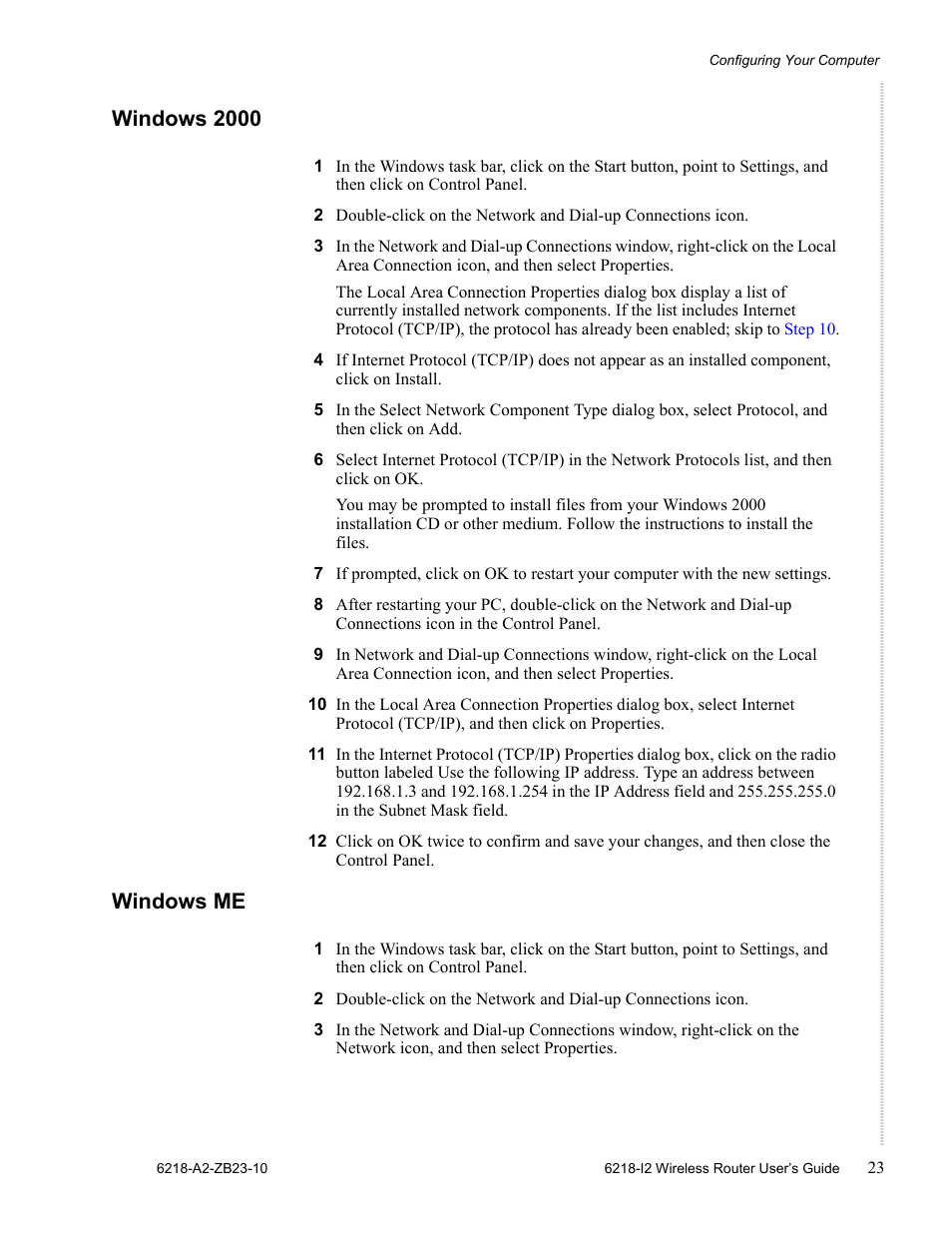 Windows 2000, Windows me | Zhone Technologies 6218-I2 User Manual | Page 23 / 94