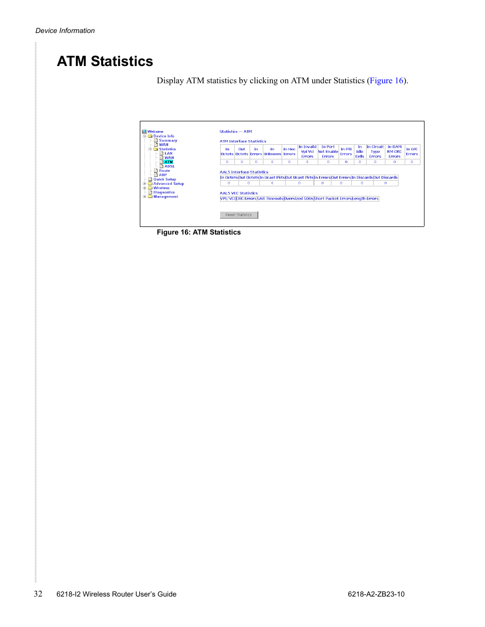 Atm statistics | Zhone Technologies 6218-I2 User Manual | Page 32 / 94
