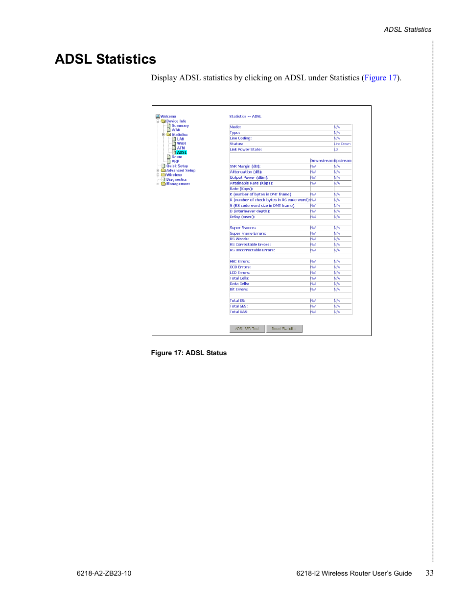 Adsl statistics | Zhone Technologies 6218-I2 User Manual | Page 33 / 94