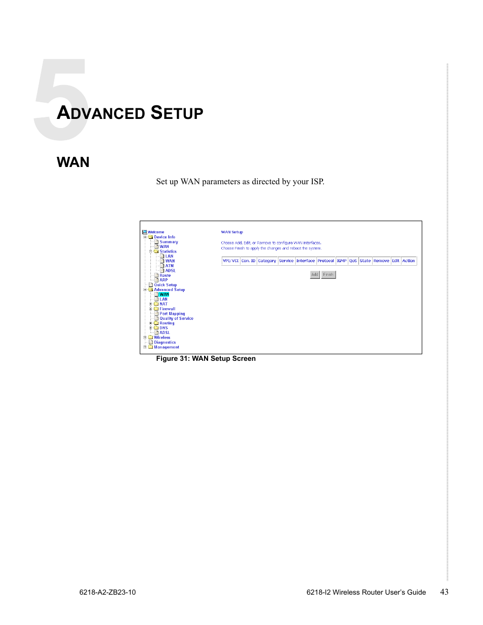 Advanced setup, Chapter 5, Chapter 5, advanced setup | Dvanced, Etup | Zhone Technologies 6218-I2 User Manual | Page 43 / 94