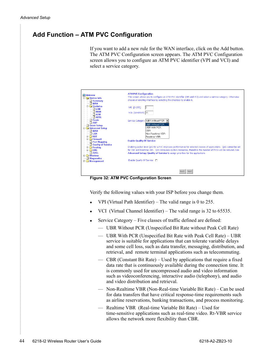 Add function - atm pvc configuration, Add function – atm pvc configuration | Zhone Technologies 6218-I2 User Manual | Page 44 / 94