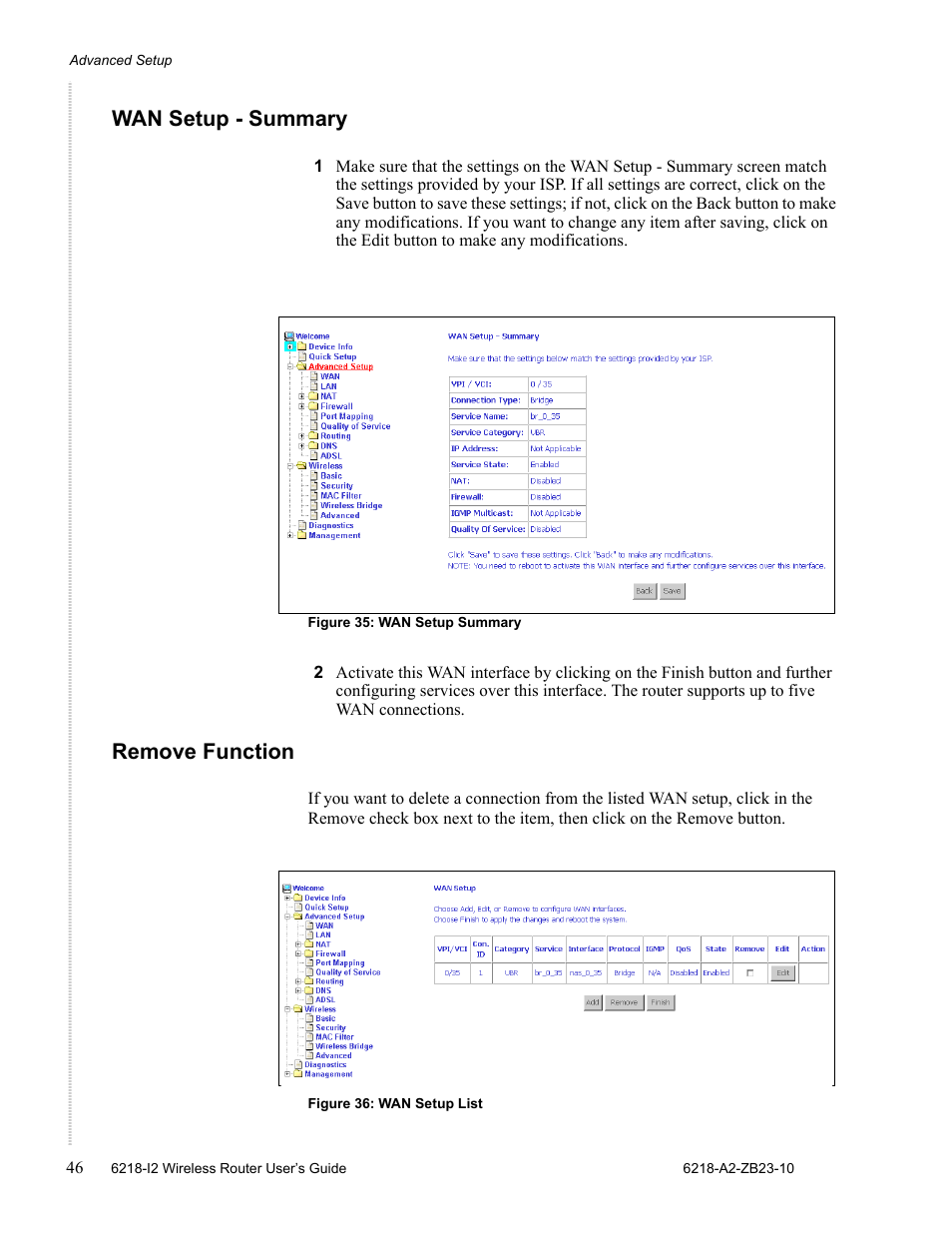 Wan setup - summary, Remove function | Zhone Technologies 6218-I2 User Manual | Page 46 / 94