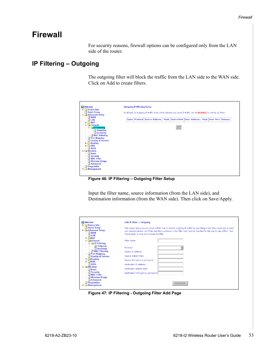 Firewall, Ip filtering - outgoing, Ip filtering – outgoing | Zhone Technologies 6218-I2 User Manual | Page 53 / 94