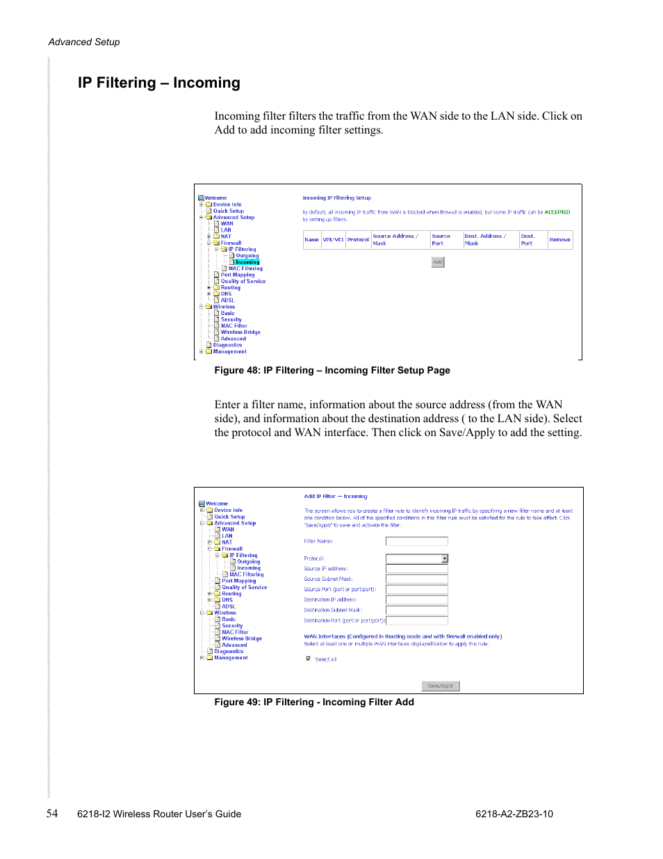 Ip filtering - incoming, Ip filtering – incoming | Zhone Technologies 6218-I2 User Manual | Page 54 / 94