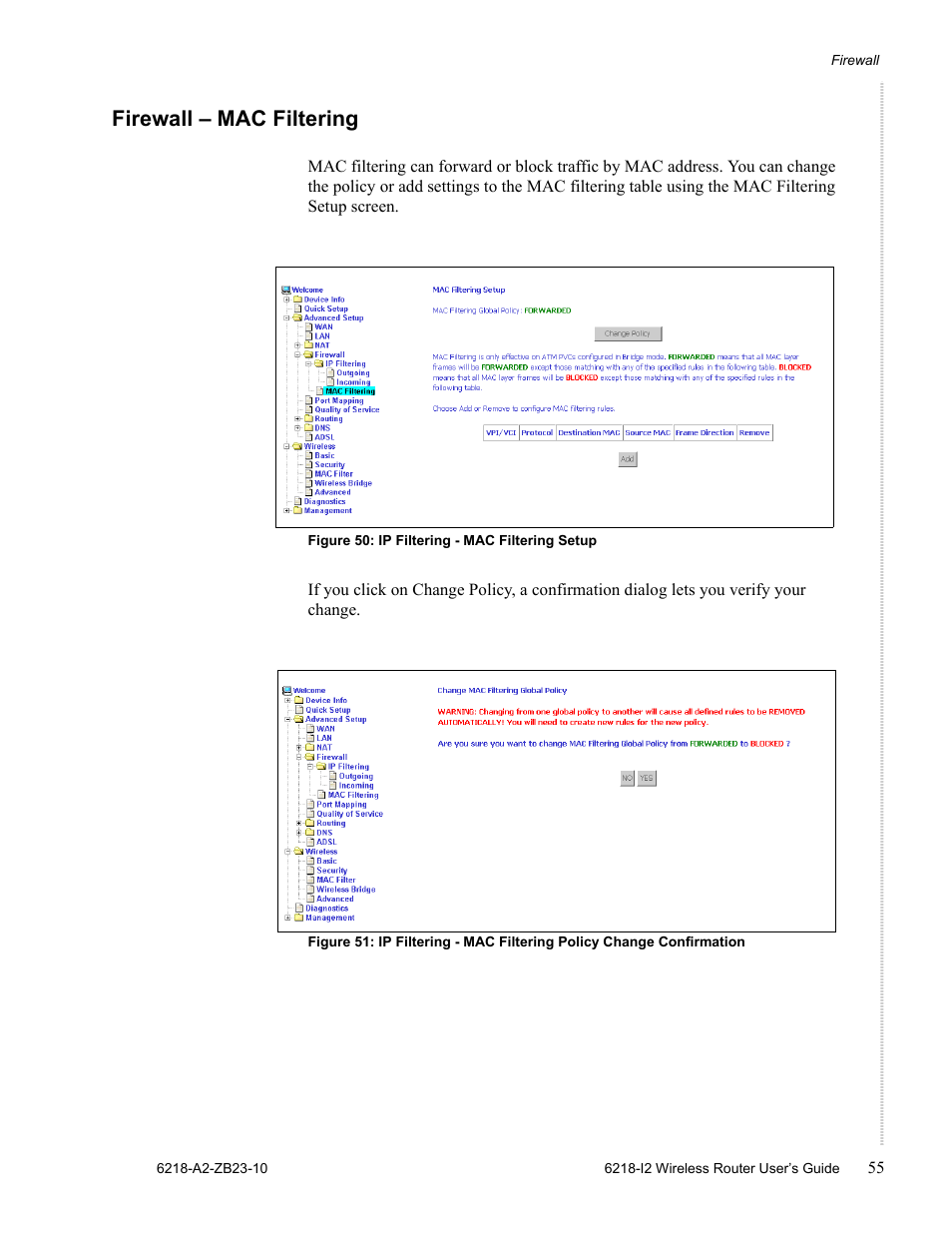 Firewall - mac filtering, Firewall – mac filtering | Zhone Technologies 6218-I2 User Manual | Page 55 / 94