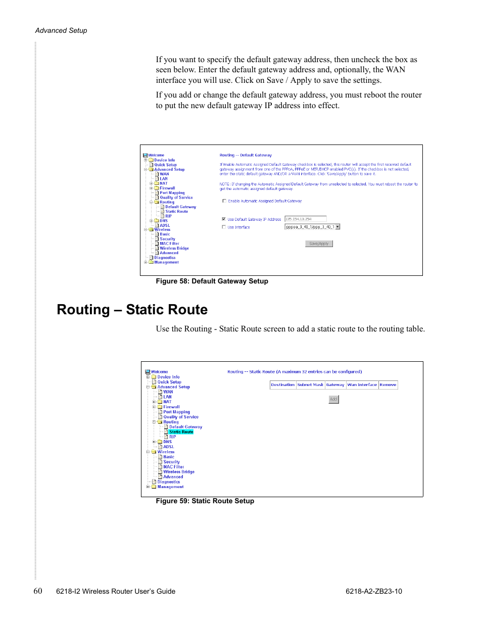 Routing - static route, Routing – static route | Zhone Technologies 6218-I2 User Manual | Page 60 / 94
