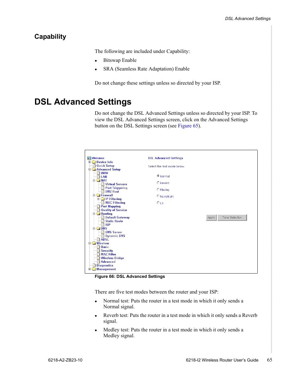 Capability, Dsl advanced settings | Zhone Technologies 6218-I2 User Manual | Page 65 / 94