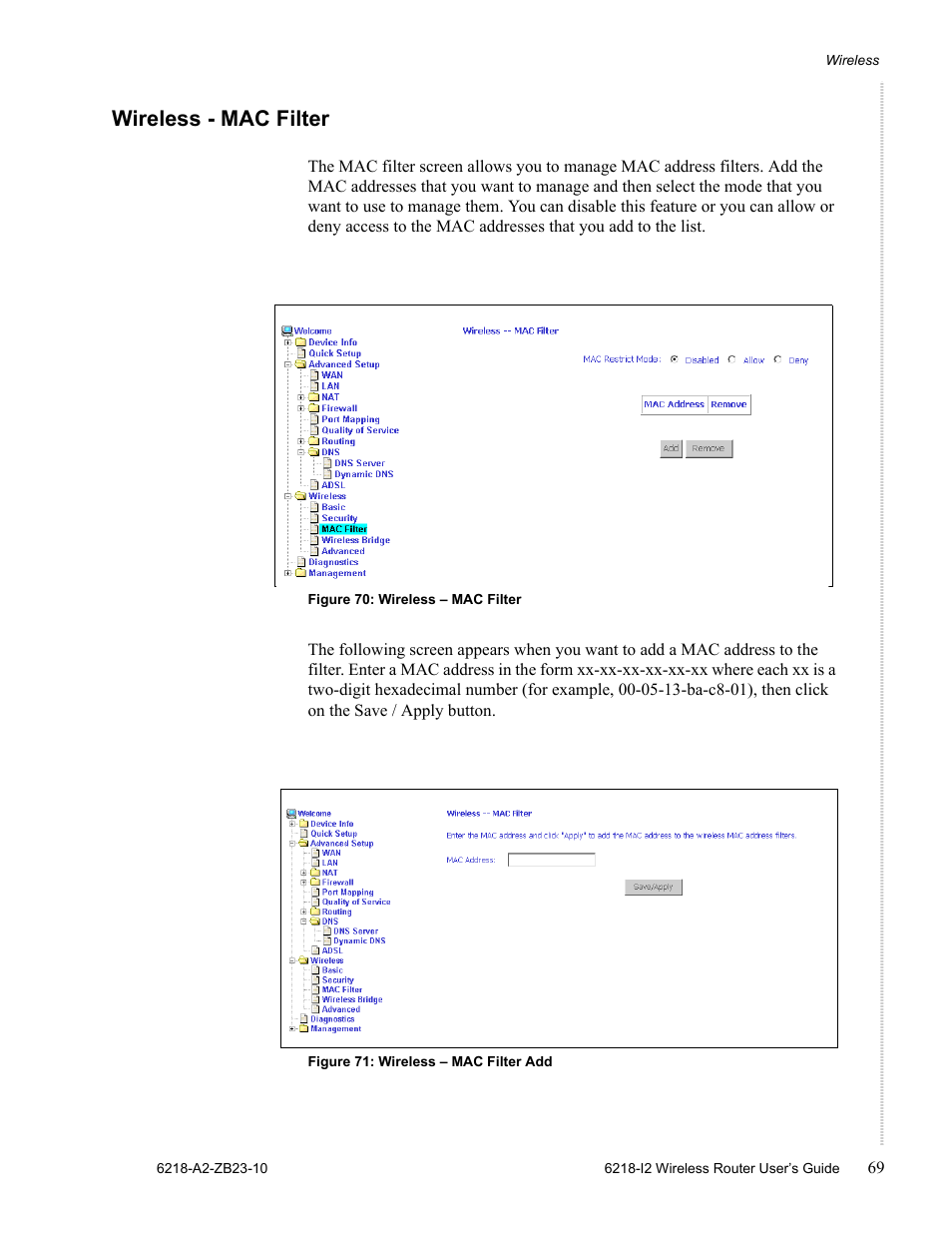 Wireless - mac filter | Zhone Technologies 6218-I2 User Manual | Page 69 / 94