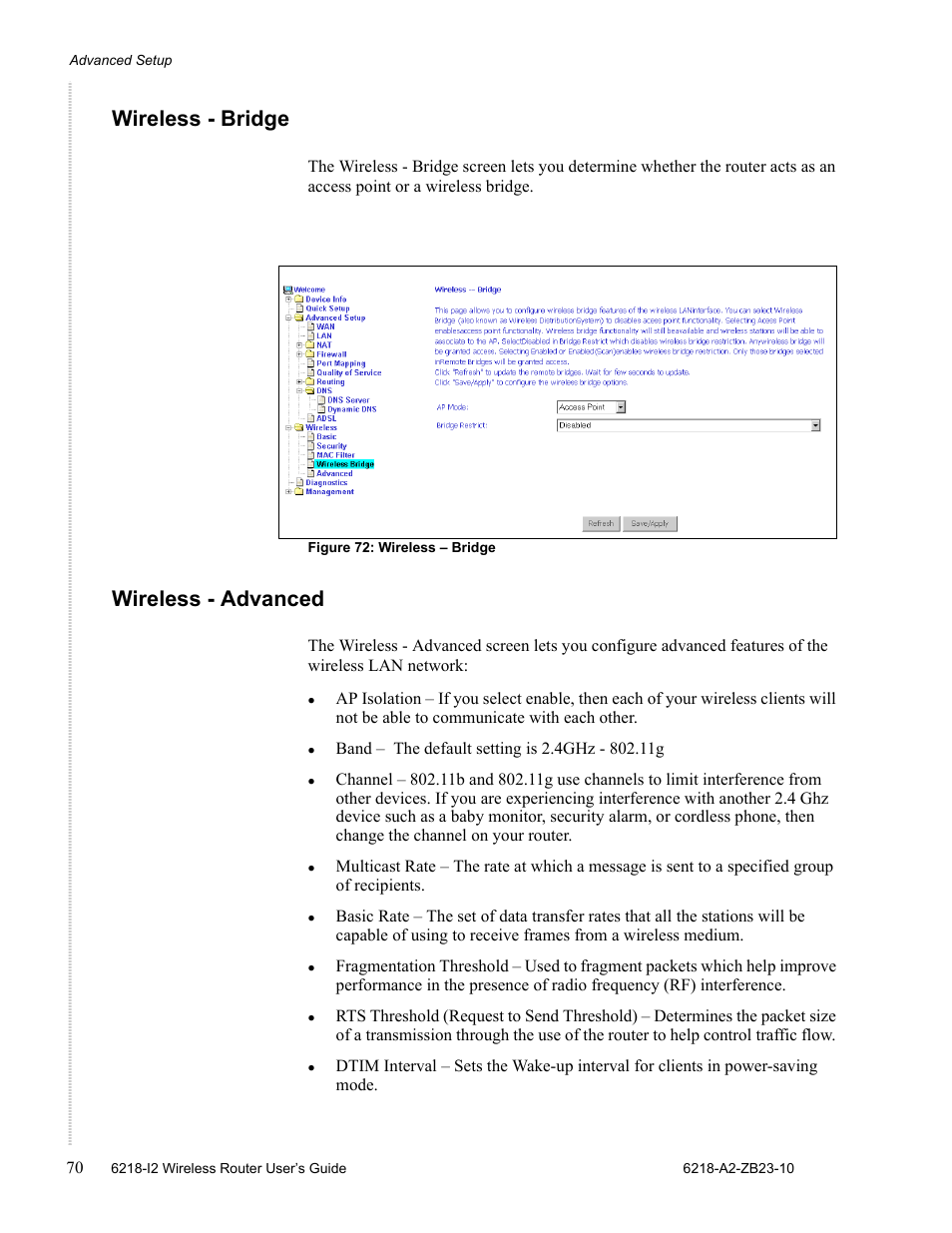 Wireless - bridge, Wireless - advanced | Zhone Technologies 6218-I2 User Manual | Page 70 / 94