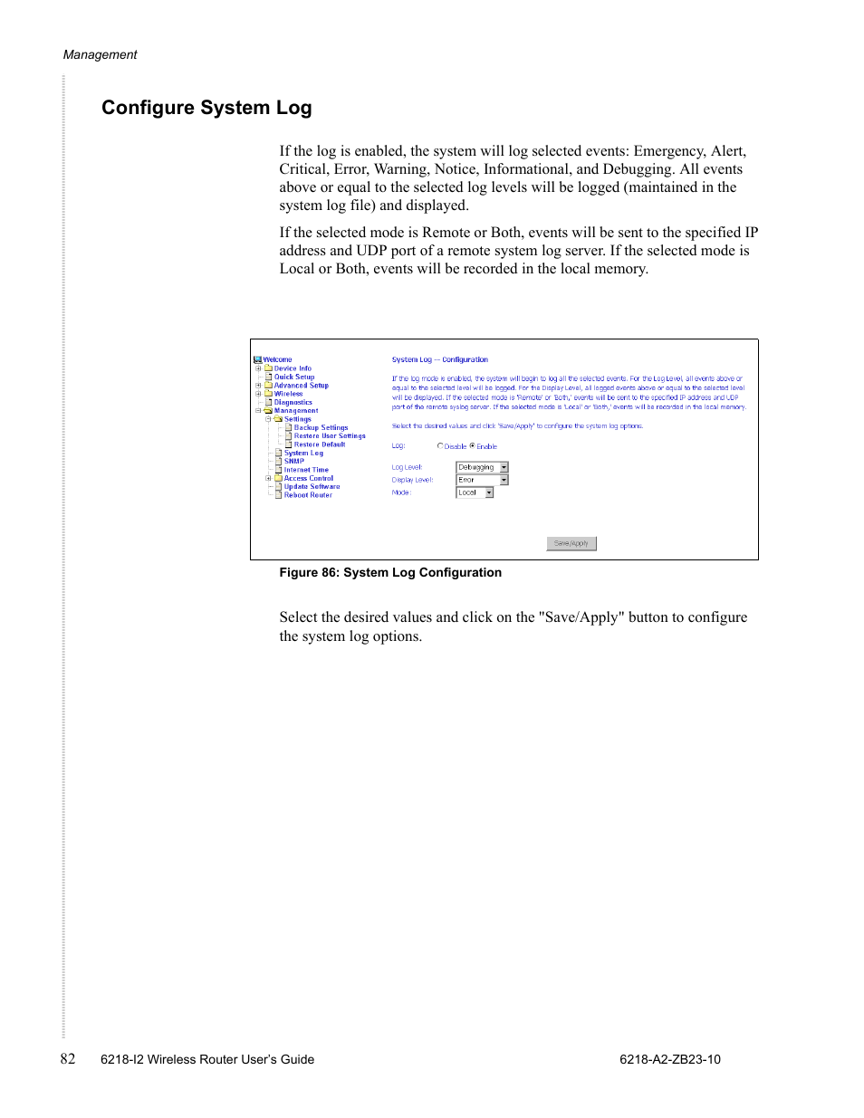 Configure system log | Zhone Technologies 6218-I2 User Manual | Page 82 / 94