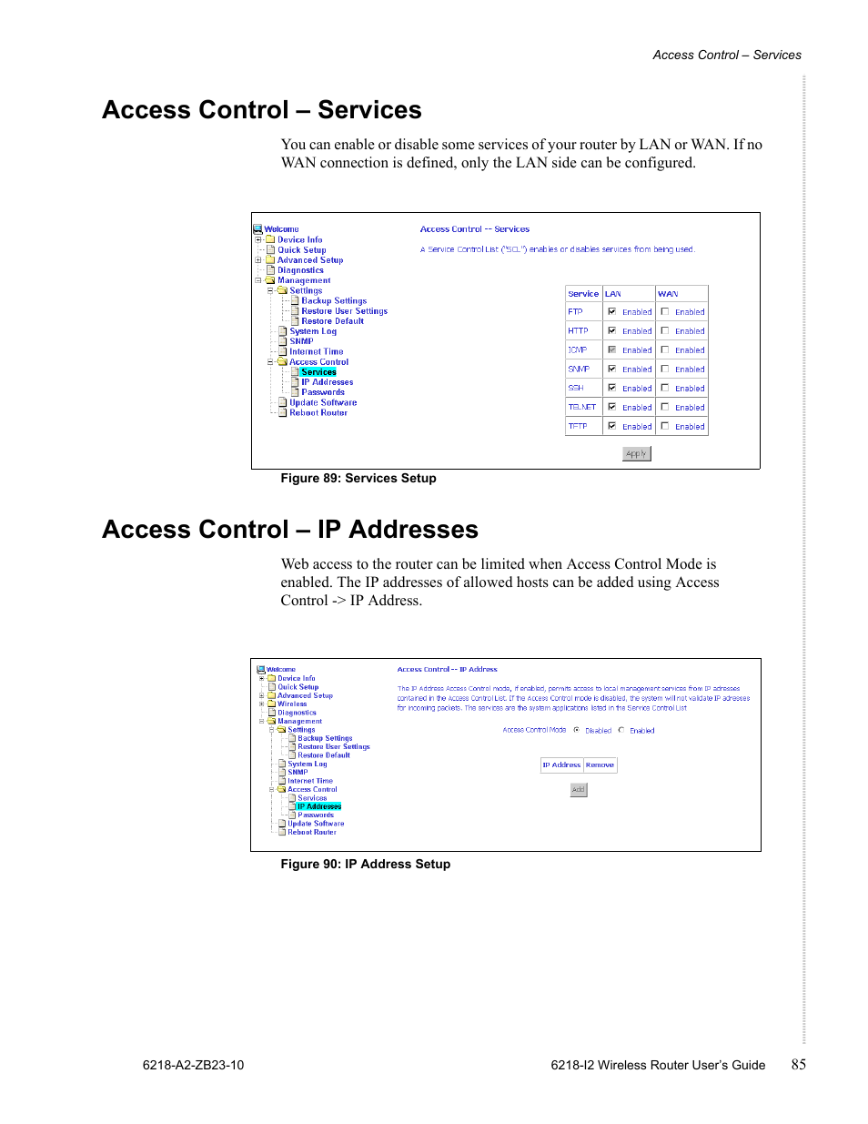 Access control - services, Access control - ip addresses, Access control – services | Access control – ip addresses | Zhone Technologies 6218-I2 User Manual | Page 85 / 94