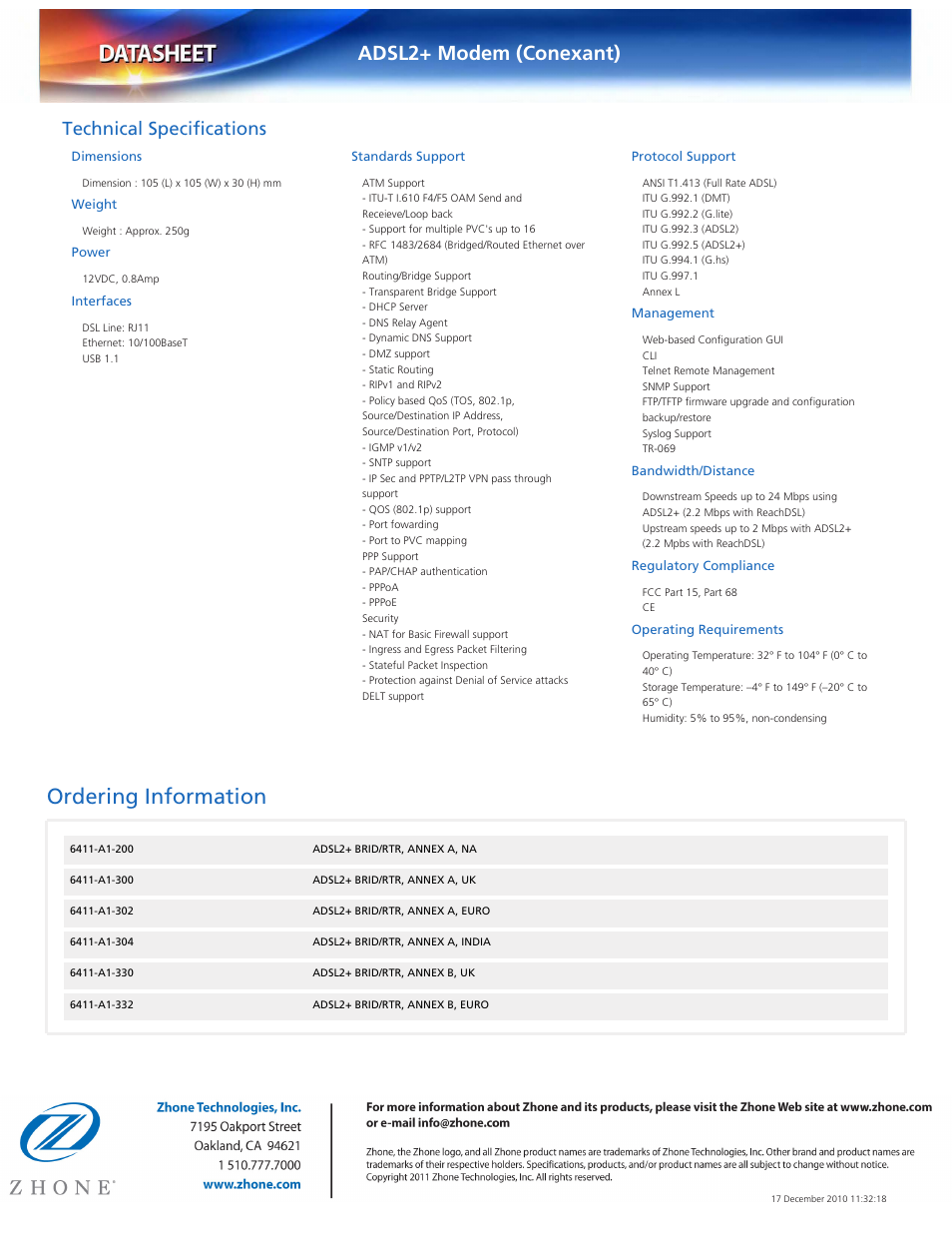 Ordering information, Adsl2+ modem (conexant), Technical specifications | Zhone Technologies 6411-A1-xxx User Manual | Page 2 / 2