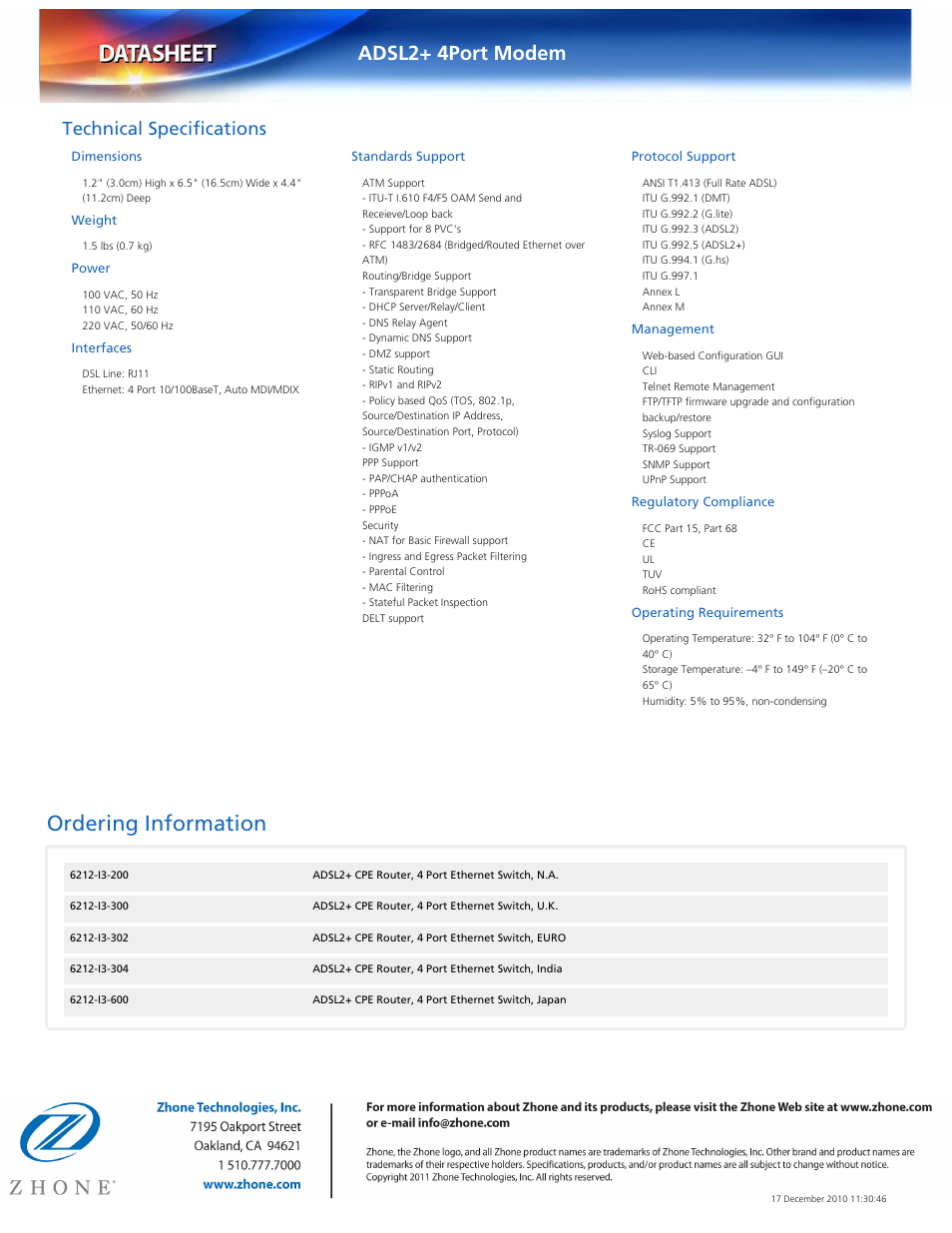 Ordering information, Adsl2+ 4port modem, Technical specifications | Dimensions, Weight, Power, Interfaces, Standards support, Protocol support, Management | Zhone Technologies 1612-A2-xxx User Manual | Page 2 / 2