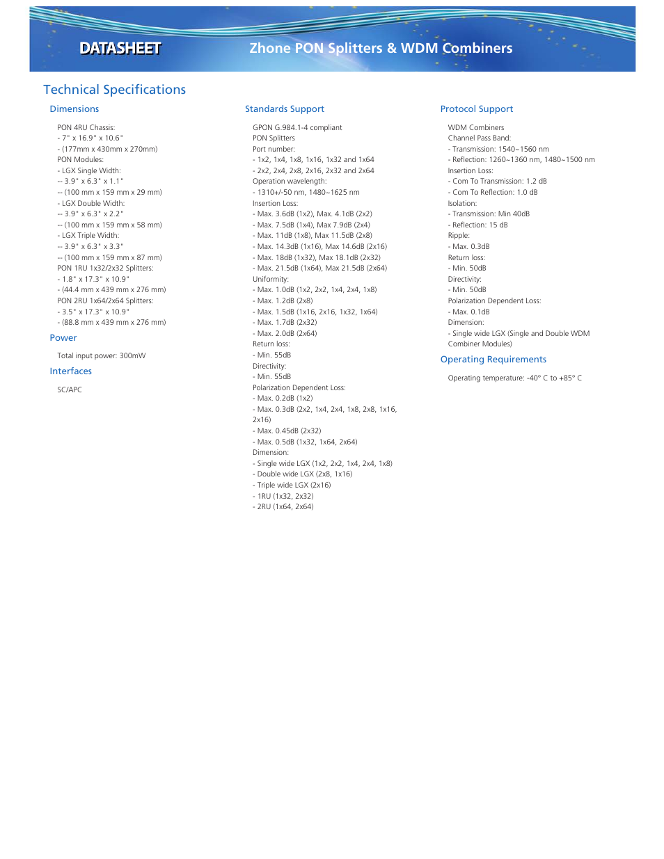 Zhone pon splitters & wdm combiners, Technical specifications, Dimensions | Power, Interfaces, Standards support, Protocol support, Operating requirements | Zhone Technologies zPON User Manual | Page 3 / 4