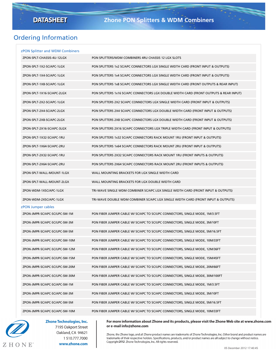 Ordering information, Zhone pon splitters & wdm combiners | Zhone Technologies zPON User Manual | Page 4 / 4