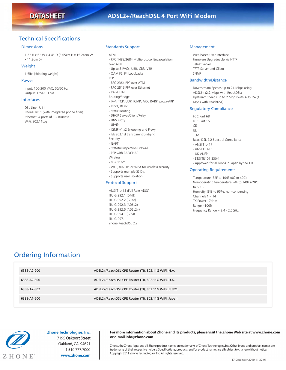 Ordering information, Adsl2+/reachdsl 4 port wifi modem, Technical specifications | Dimensions, Weight, Power, Interfaces, Standards support, Protocol support, Management | Zhone Technologies 6388-A1-XXX User Manual | Page 2 / 2