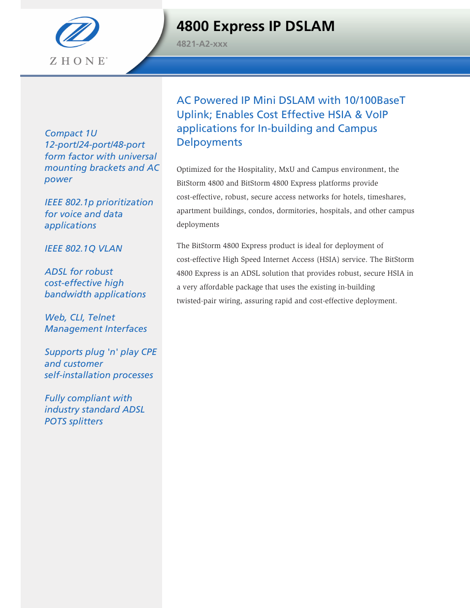 Zhone Technologies 4800 Express User Manual | 2 pages