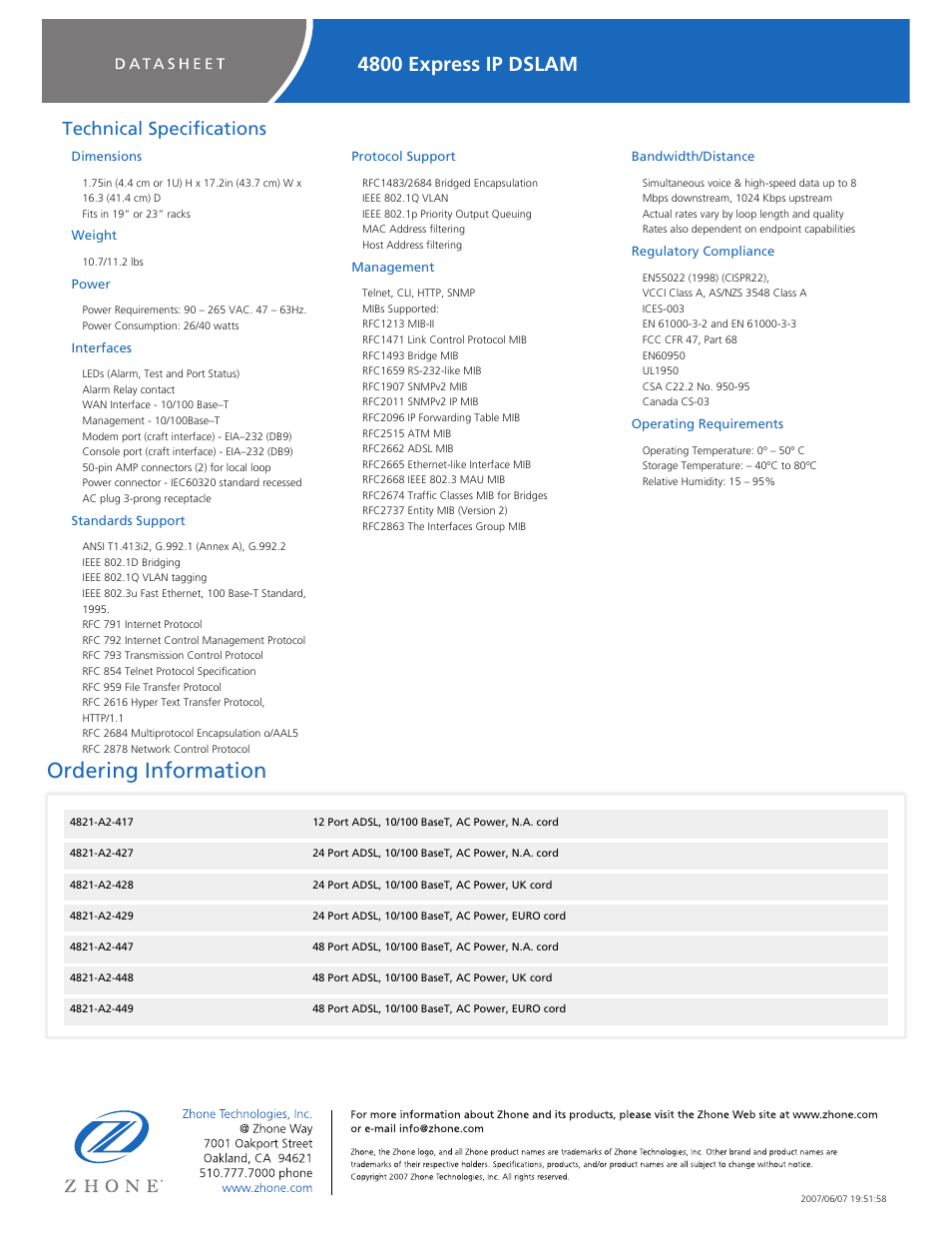 Ordering information, 4800 express ip dslam, Technical specifications | Dimensions, Weight, Power, Interfaces, Standards support, Protocol support, Management | Zhone Technologies 4800 Express User Manual | Page 2 / 2