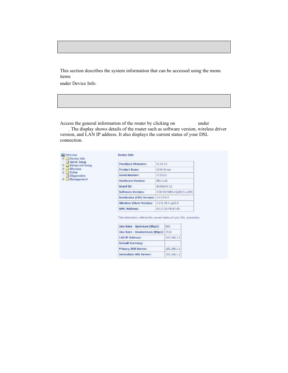 Device info | Zhone Technologies 6238-I2 User Manual | Page 19 / 79