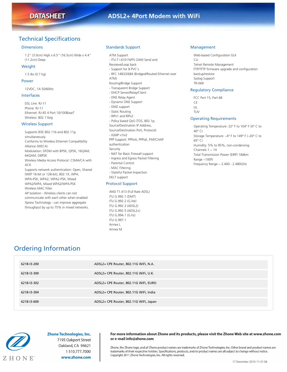Ordering information, Adsl2+ 4port modem with wifi, Technical specifications | Dimensions, Weight, Power, Interfaces, Wireless support, Standards support, Protocol support | Zhone Technologies 6218-13 User Manual | Page 2 / 2
