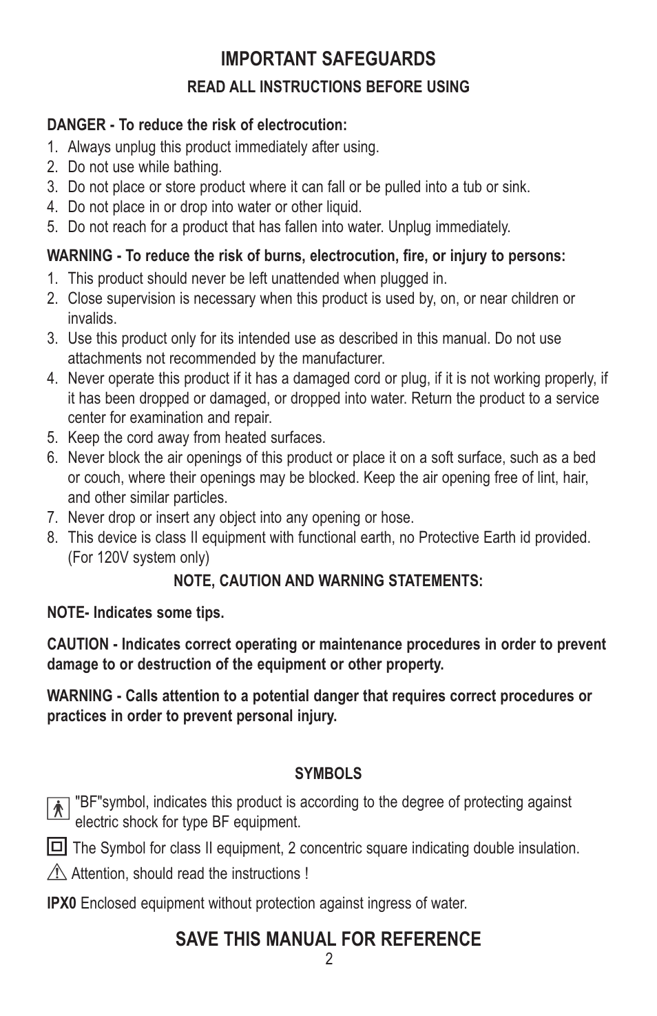 Important safeguards, Save this manual for reference | Lumex Syatems 763400A User Manual | Page 3 / 15