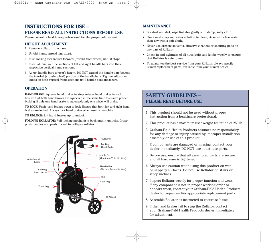 Instructions for use, Safety guidelines, Please read all instructions before use | Please read before use | Lumex Syatems 609201P User Manual | Page 2 / 2
