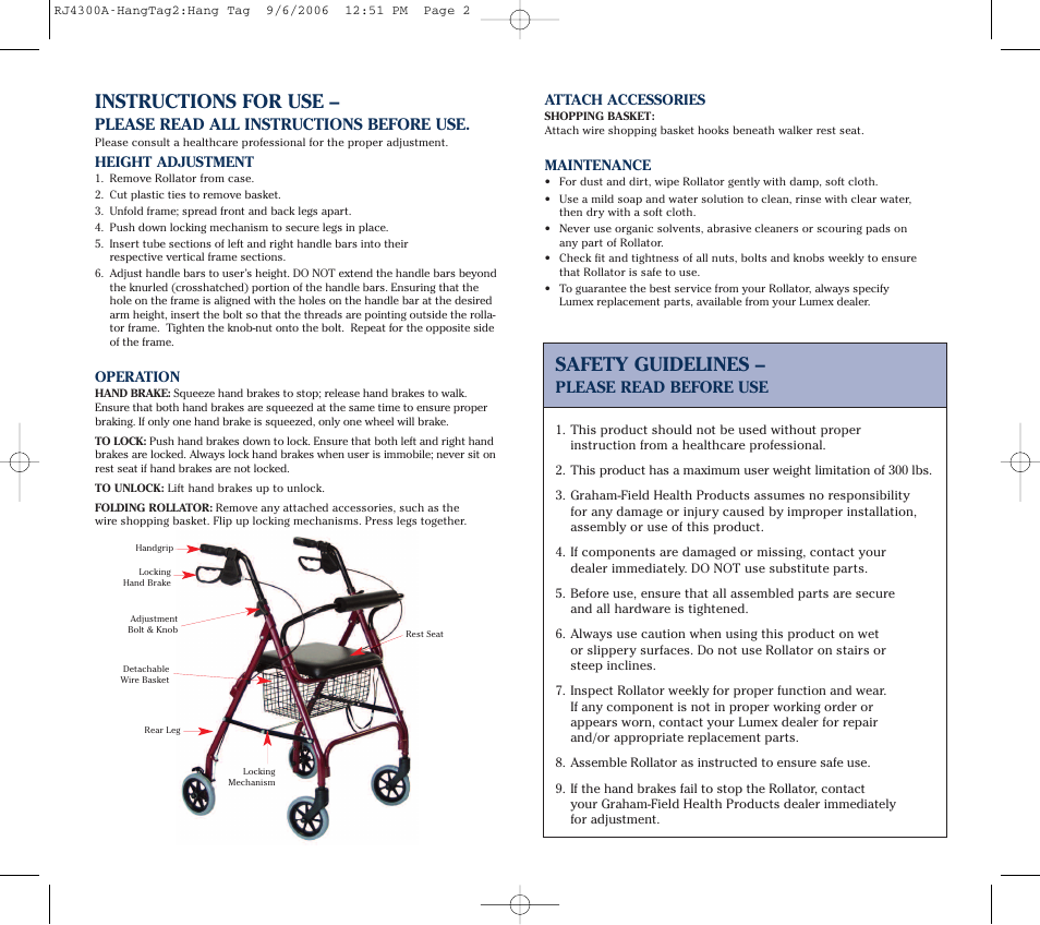 Instructions for use, Safety guidelines, Please read all instructions before use | Please read before use | Lumex Syatems WALKABOUT LT RJ4300 User Manual | Page 2 / 2