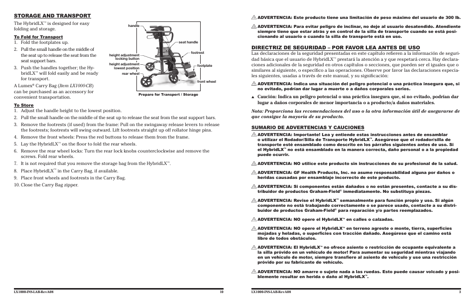 Storage and transport | Lumex Syatems HYBRIDLX LX1000 User Manual | Page 10 / 12