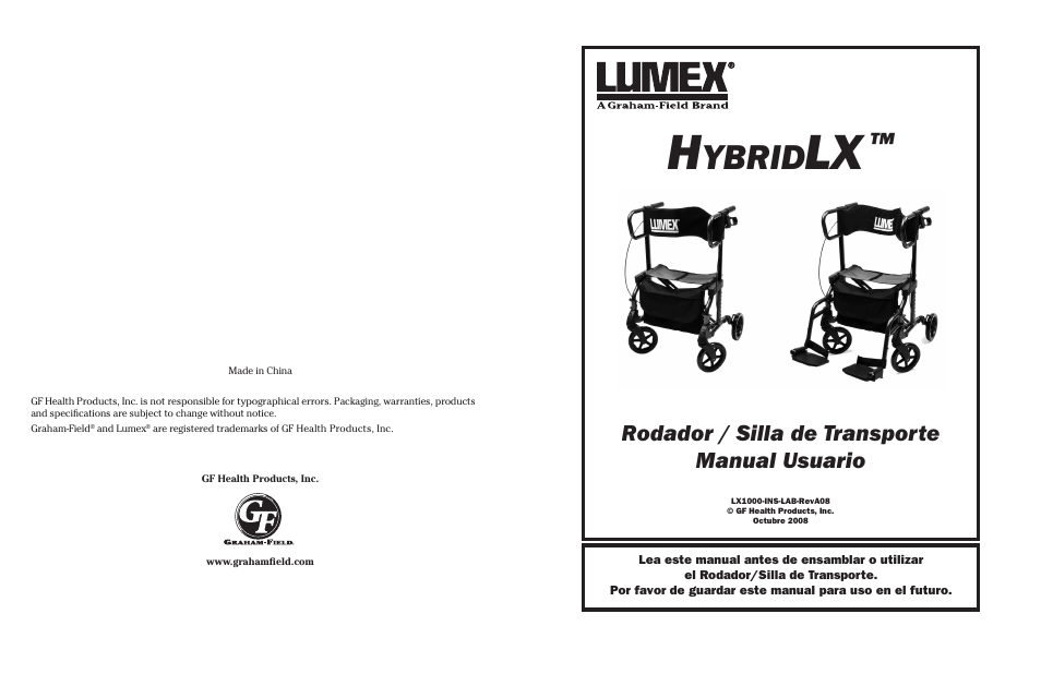 Ybrid, Rodador / silla de transporte manual usuario | Lumex Syatems HYBRIDLX LX1000 User Manual | Page 12 / 12