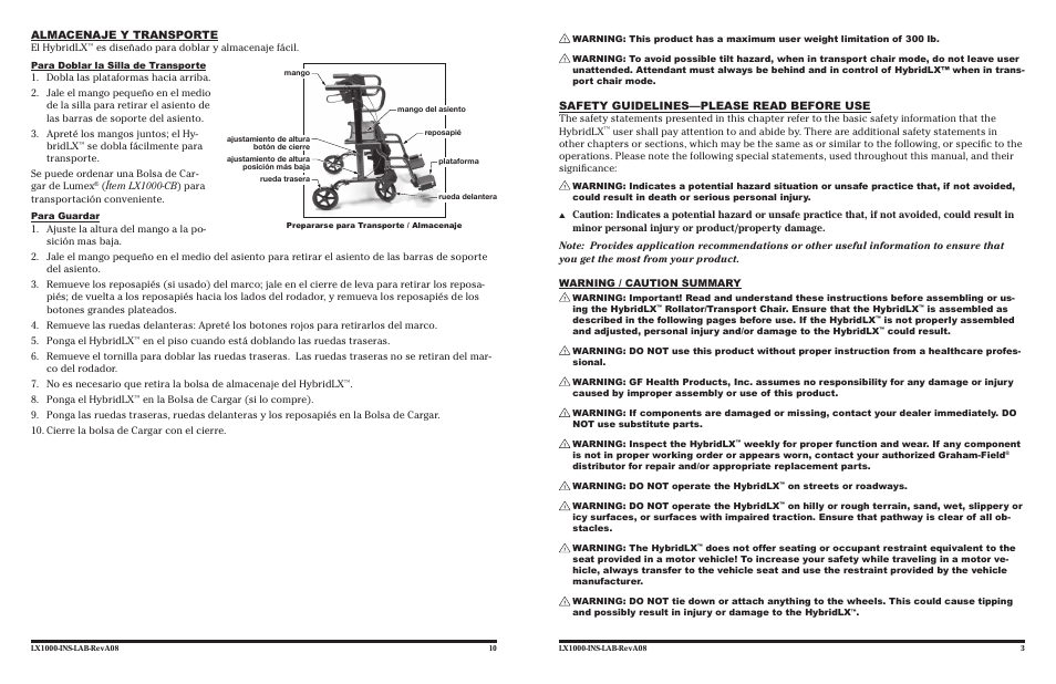 Almacenaje y transporte, Safety guidelines—please read before use | Lumex Syatems HYBRIDLX LX1000 User Manual | Page 3 / 12