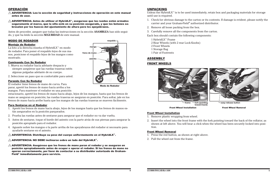Operación, Unpacking, Assembly | Lumex Syatems HYBRIDLX LX1000 User Manual | Page 5 / 12