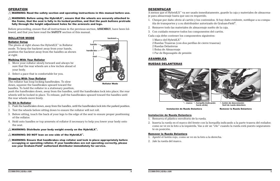Operation, Desempacar, Asamblea | Lumex Syatems HYBRIDLX LX1000 User Manual | Page 8 / 12