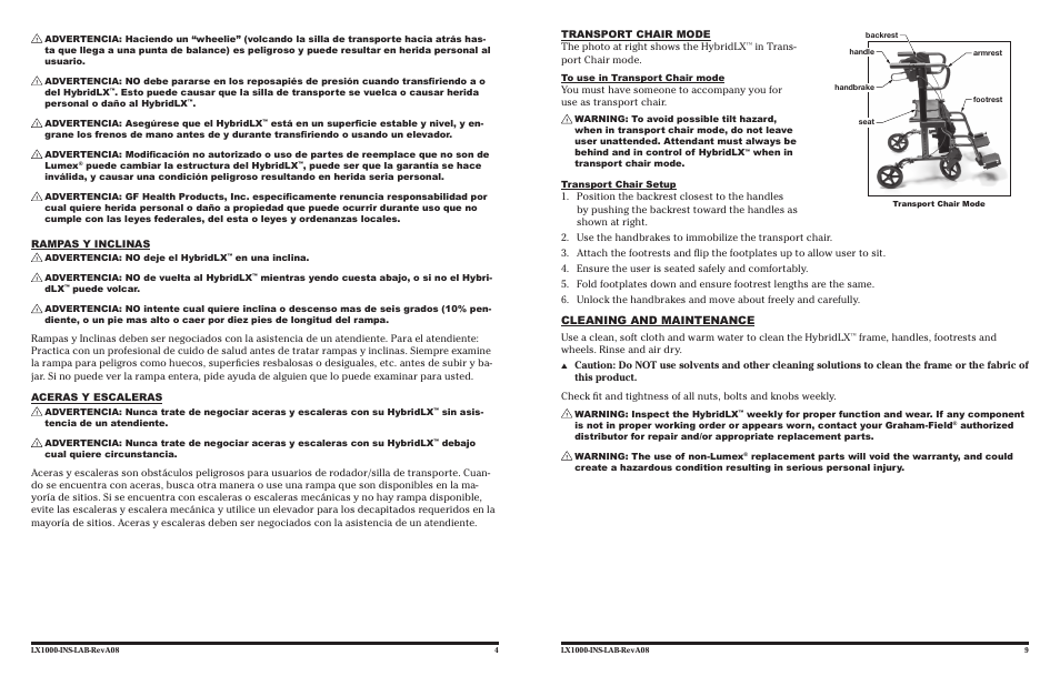 Cleaning and maintenance, Rampas y inclinas | Lumex Syatems HYBRIDLX LX1000 User Manual | Page 9 / 12