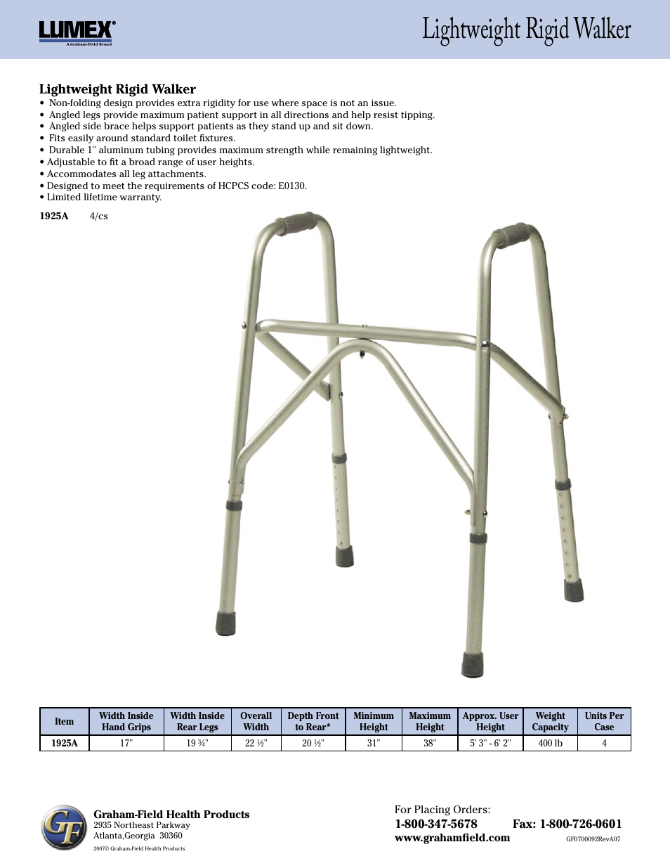 Lumex Syatems LIGHTWEIGHT RIGID WALKER 1925A User Manual | 1 page